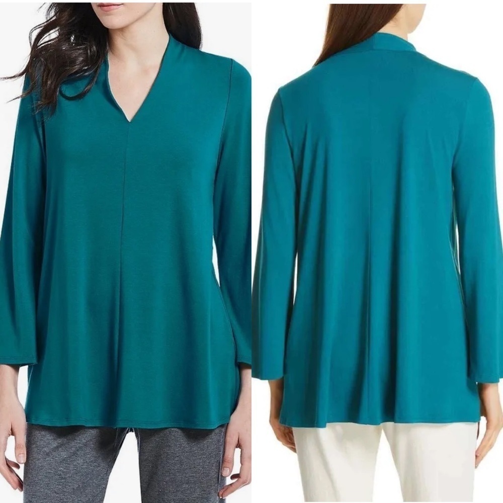 NWT Eileen Fisher Size XS Teal Blue V-neck Jersey Long Sleeve Top R8VF-T4753